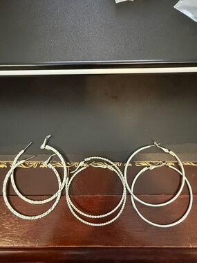 Women's Silver Hoop Earring Set - Trio of Textured and Smooth Styles